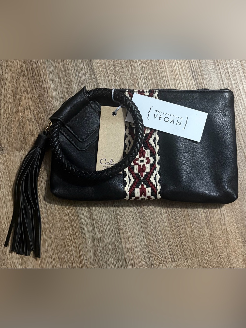 Cailin - PETA Vegan Approved - Black Wristlet Clutch with Woven Accent